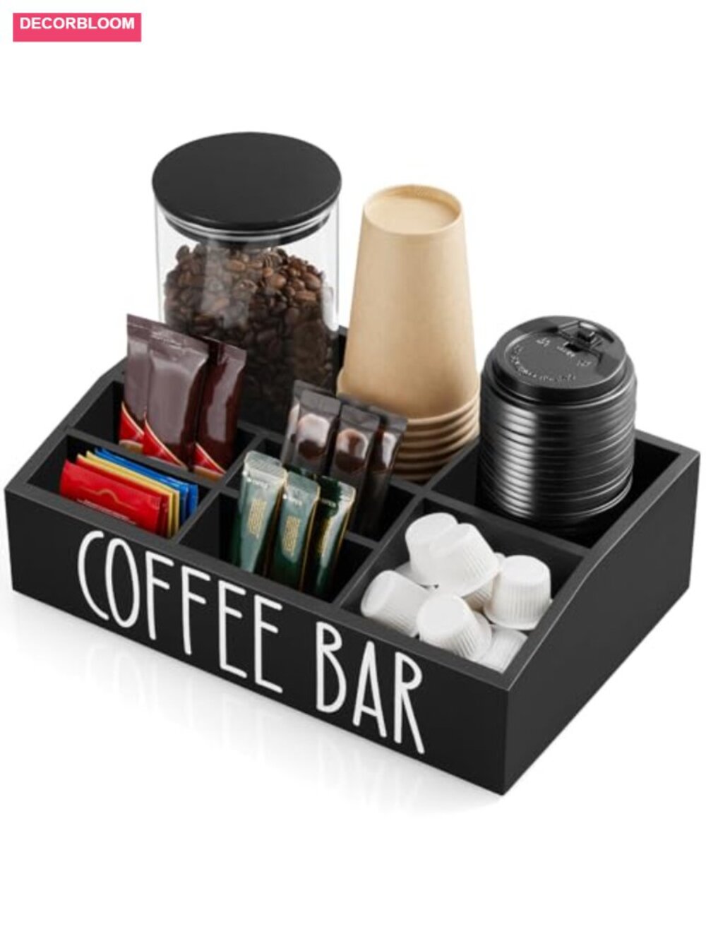 Pine Wood Coffee Station Organizer with 7 Compartments Removable Dividers